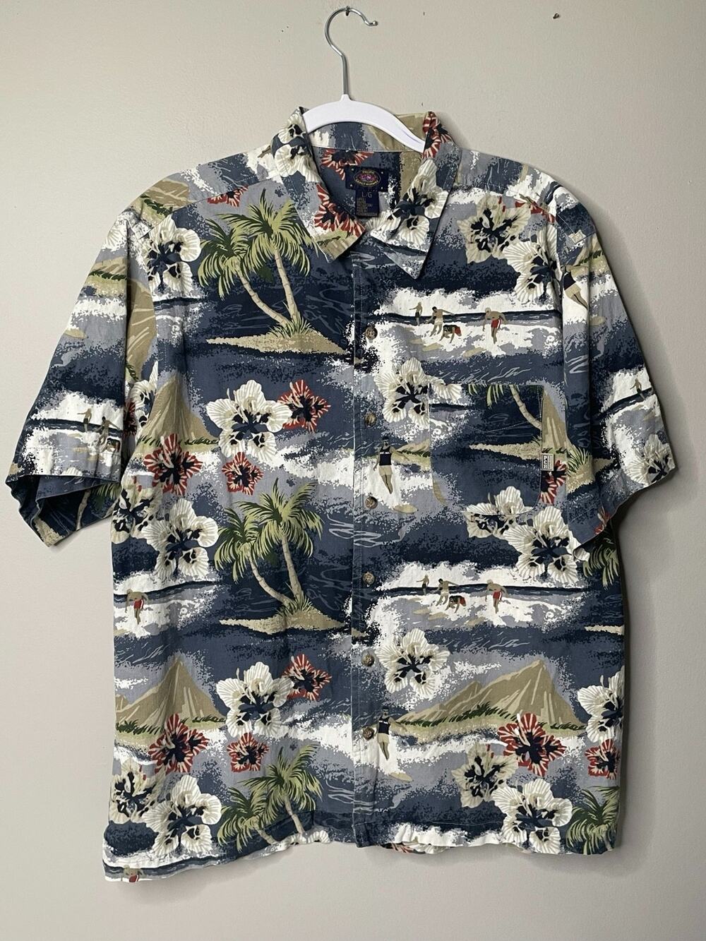 PCH Pacific Coast Highway Hawaiian Shirt Mens Large Surf Beach Scene Palm Trees
